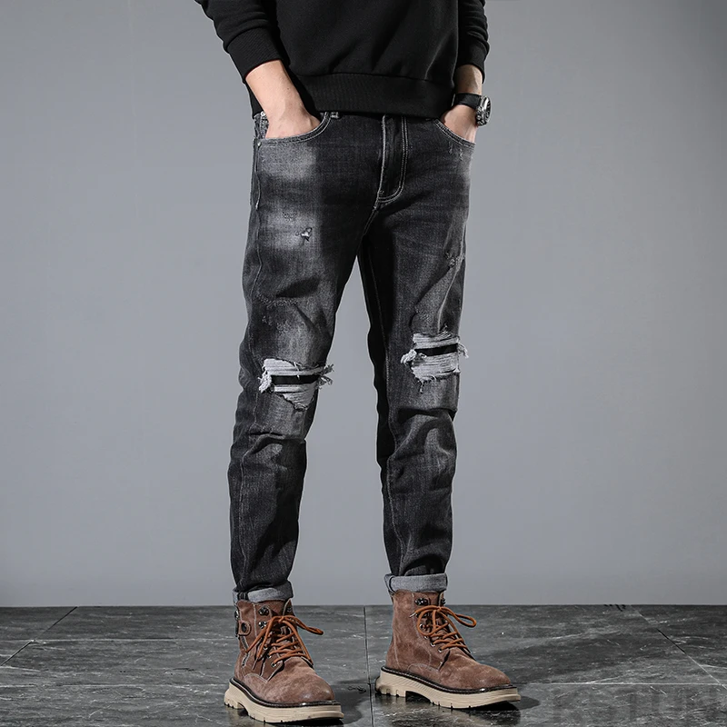 Джинсы мужские Стрейчевые в стиле хип-хоп с потертостями