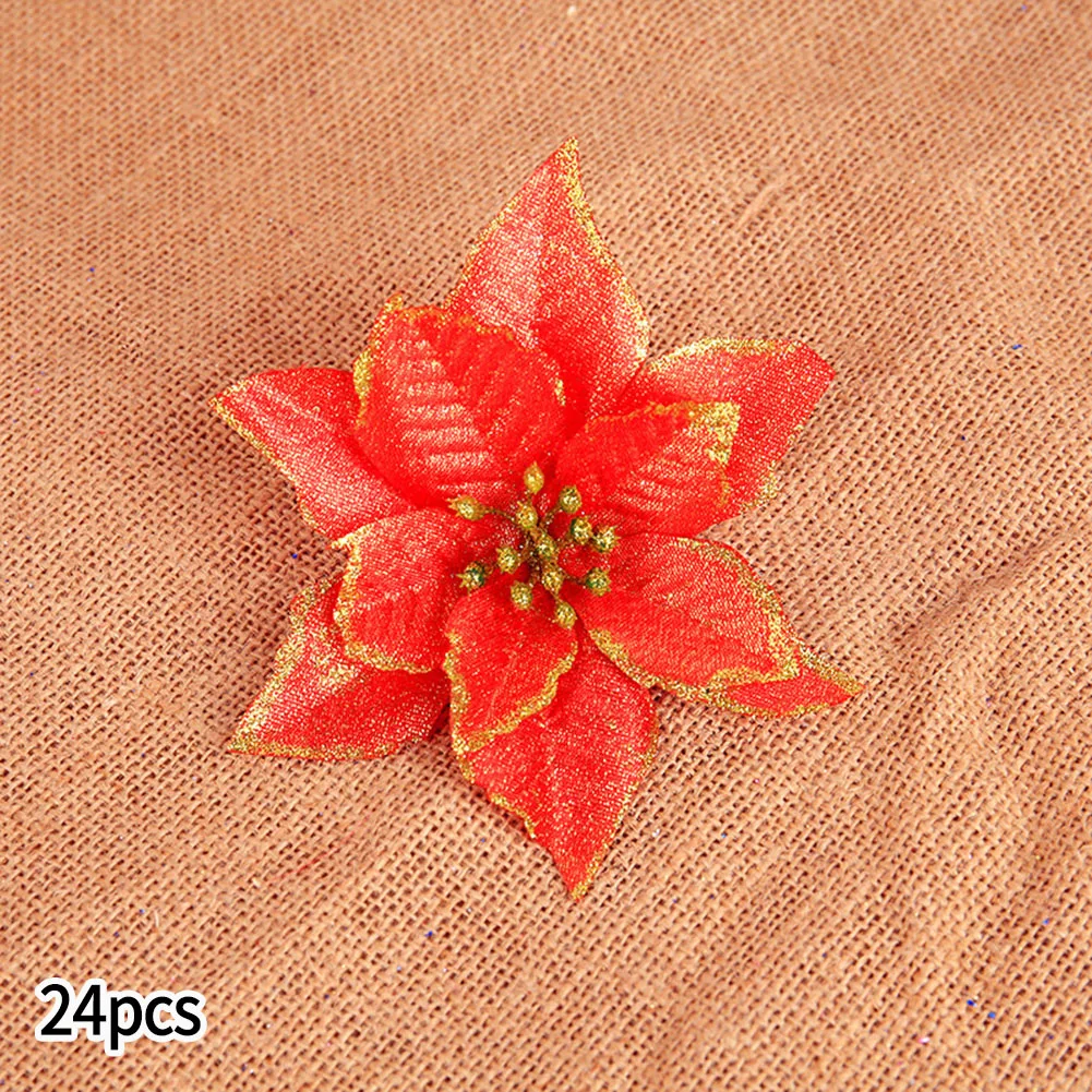 

24PCS Phnom Penh Flower Glitter Artificial Poinsettia Christmas Tree Ornament Home Decor Flower For Decorative Garlands