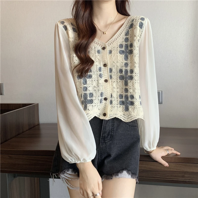 

Женская трикотажная футболка в клетку, повседневная Приталенная футболка с цветочным принтом, мягкий милый кардиган с имитацией двух топов...