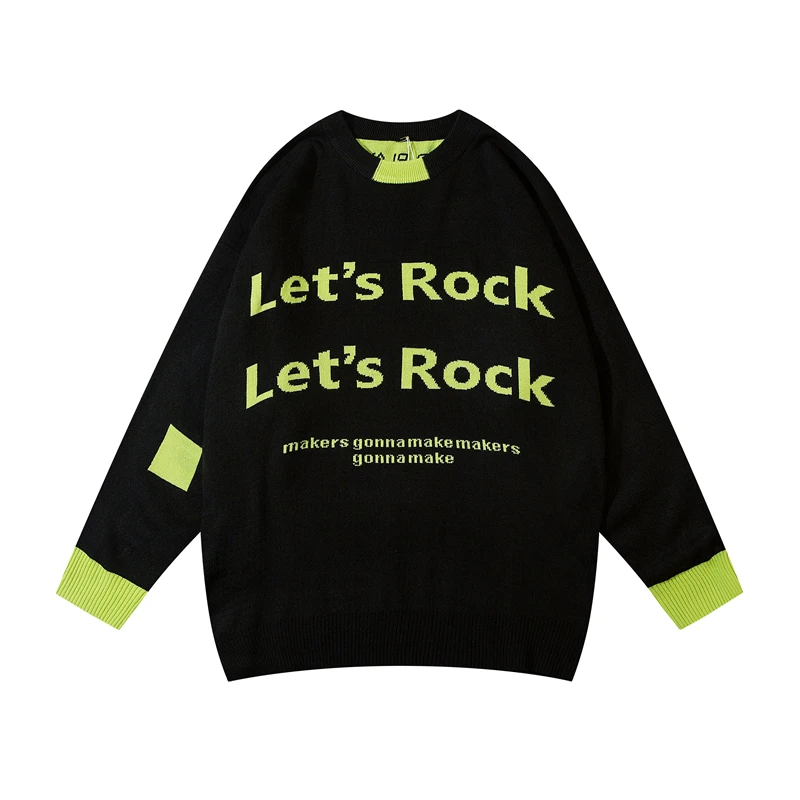 

High Street Full Letter Patchwork Retro Casual Sweater for Male and Female Crew Neck Autumn and Winter Baggy Oversized Clothes
