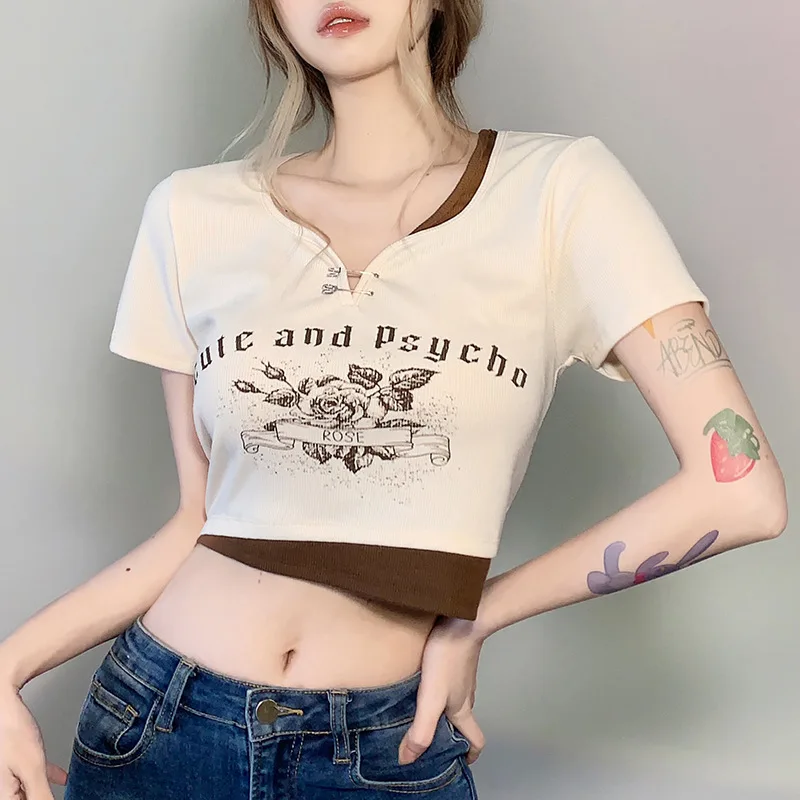 

Американский ретро тонкий сексуальный топ летняя футболка с контрастным принтом с V-образным вырезом и коротким рукавом