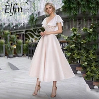 elfin pink a line prom dresses cap sleeves v neck corset sparkly tea length evening party gowns formal dresses custom made