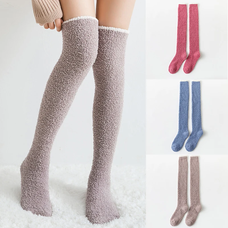 

1 Pair Thigh High Foot Socks For Women Girls Long Stockings Winter Warm Thicken Thermal Knee Socks Home Coral Velvet Stockings