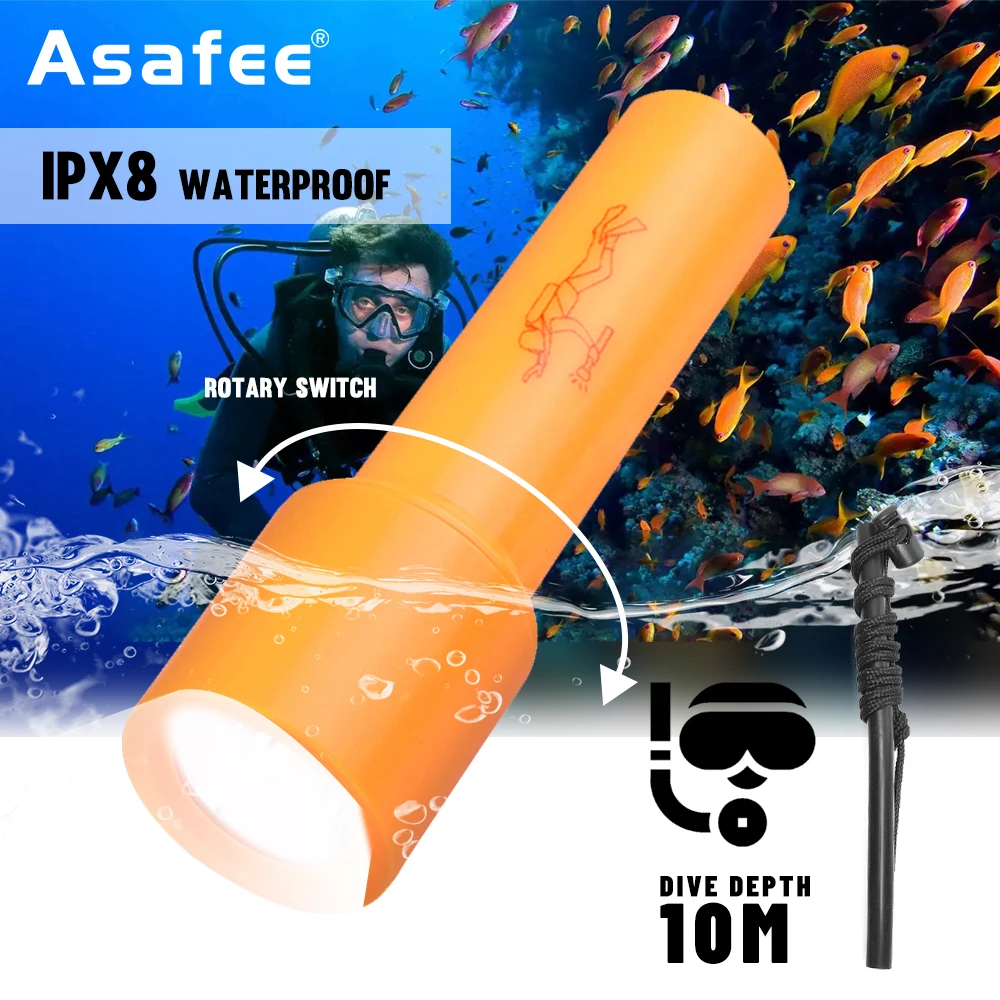 

Сильный светодиодный фонарик для дайвинга IPX8, Водонепроницаемый компактный и легкий Подводный фонарь с фиксированным фокусом