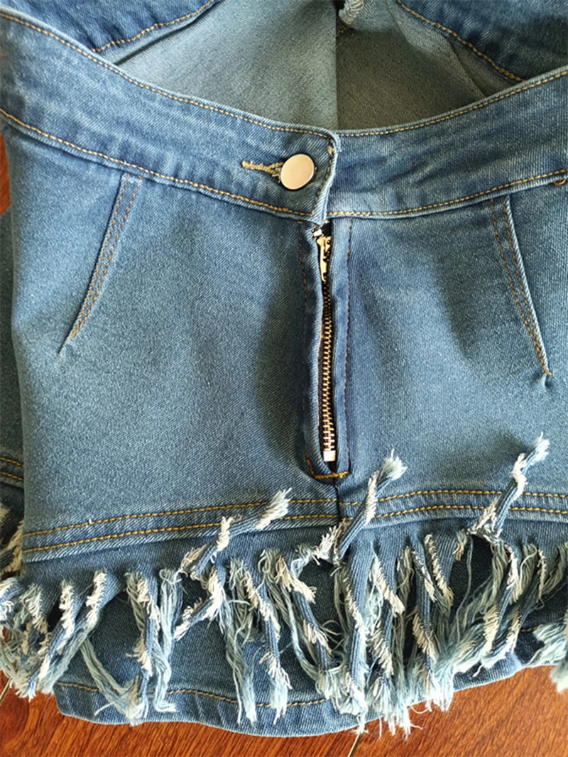 Asymmetrical Tassel Apron Jeans Shorts Women Slim High Waist Button Fly Zipper Denim Culottes Female Fashion Casual Streetwear