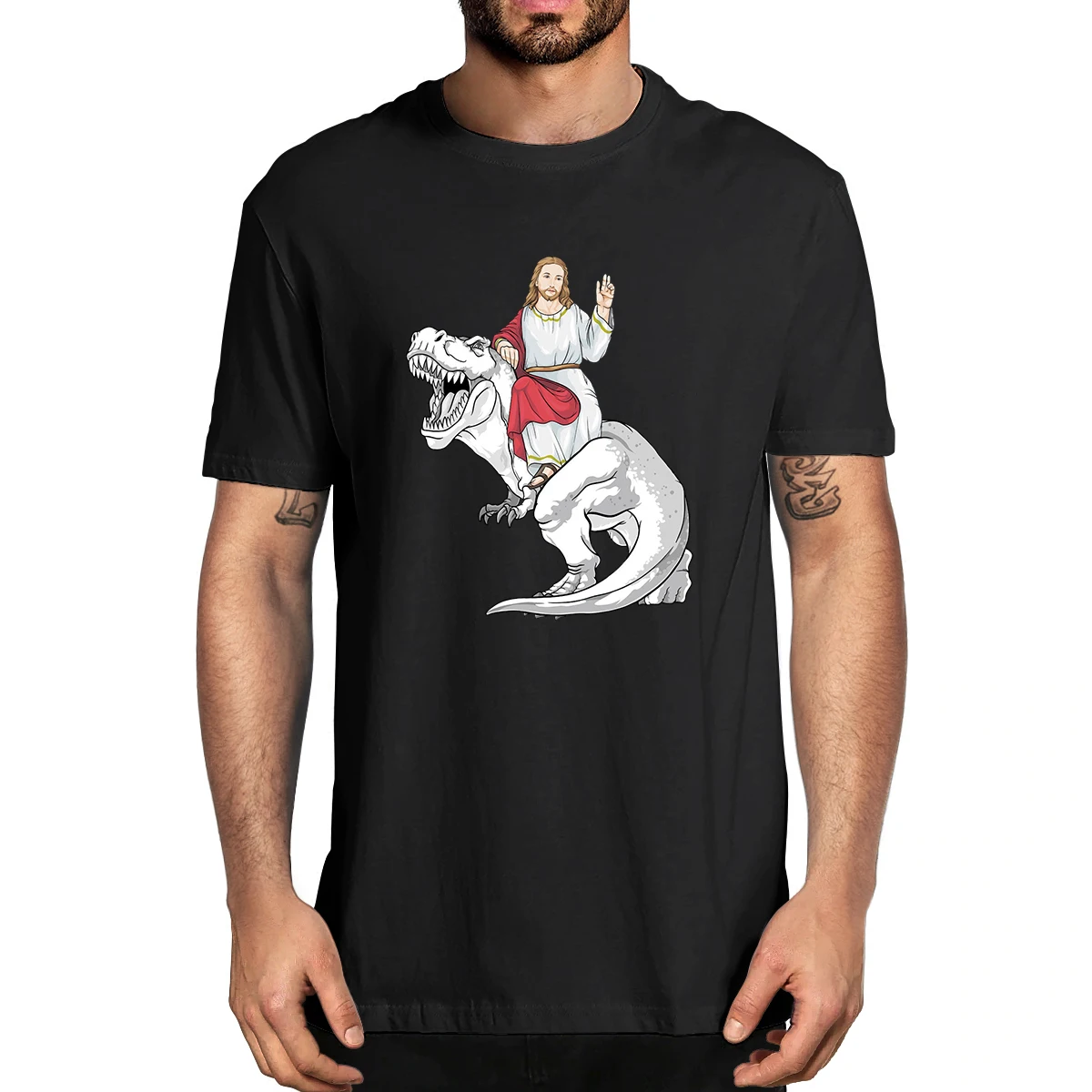 

100% Cotton Jesus Riding T Rex Funny Jesus Happy Easter Cute Christian Unisex Men's Novelty T-Shirt Women Casual Streetwear Tee