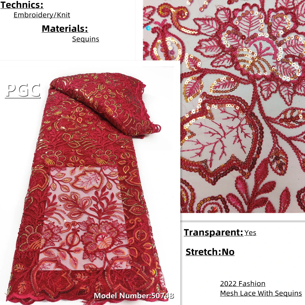 

PGC African French Net Lace Fabric Embroidered Rose High Quality Nigerian Lace Fabrics 2022 With Sequins Tulle Mesh Lace 5074B