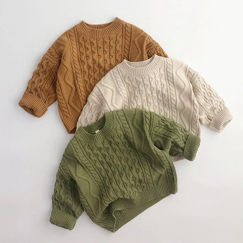 

Candy Color Baby Girl Knitting Striped Swater Kid All-match Pullover Retro Hemp Pattern Tops Boy Keep Warm Soft Cotton Sweaters