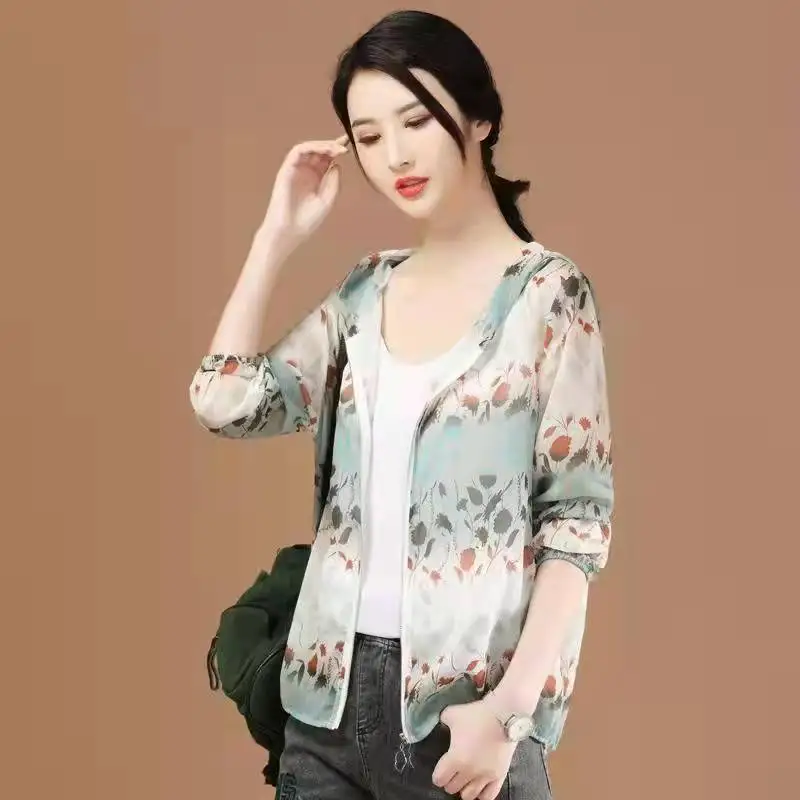 

UV Sunscreen Clothes Transparent Long Sleeve Jacket Hooded Korean Print Jacket Anti Ultraviolet Summer Sunscreen Cover-ups