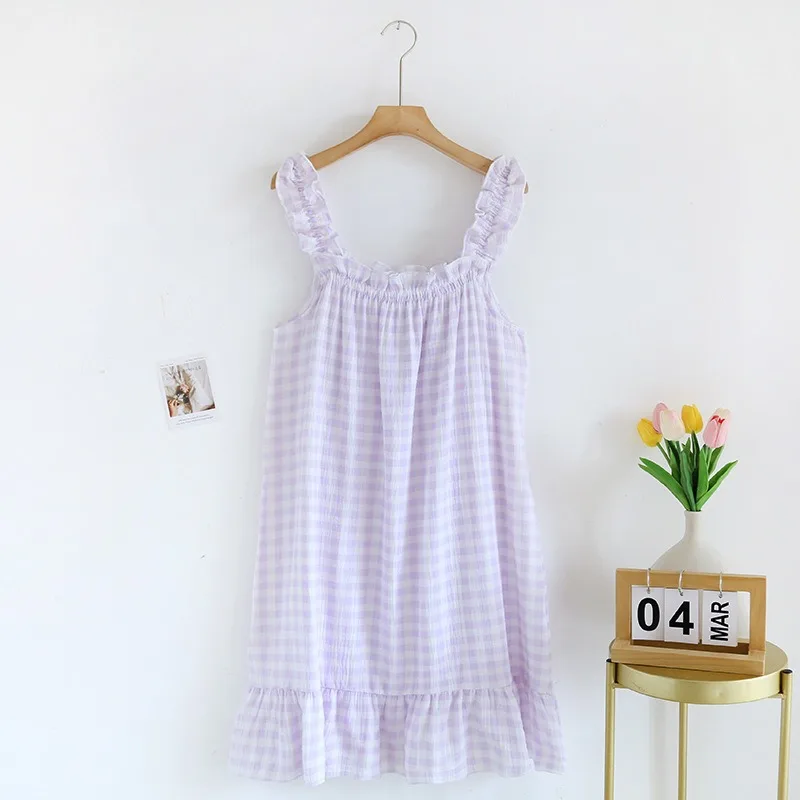 New Summer Women's Suspended Dress 100% Cotton Crepe Sleeping Dress Ladies Plaid Loose Home Dress Sleepwear Dress Women