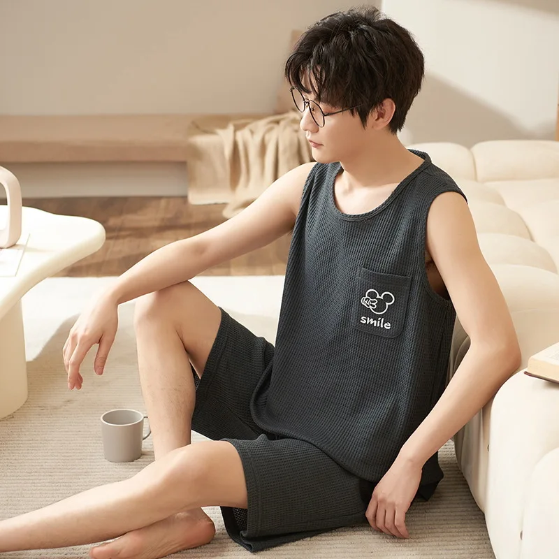 Hot Summer Style New Men Pajama Sets Cotton Breathable Soft Home Lounge Causual Sleevess Shirt Male Sleepwear