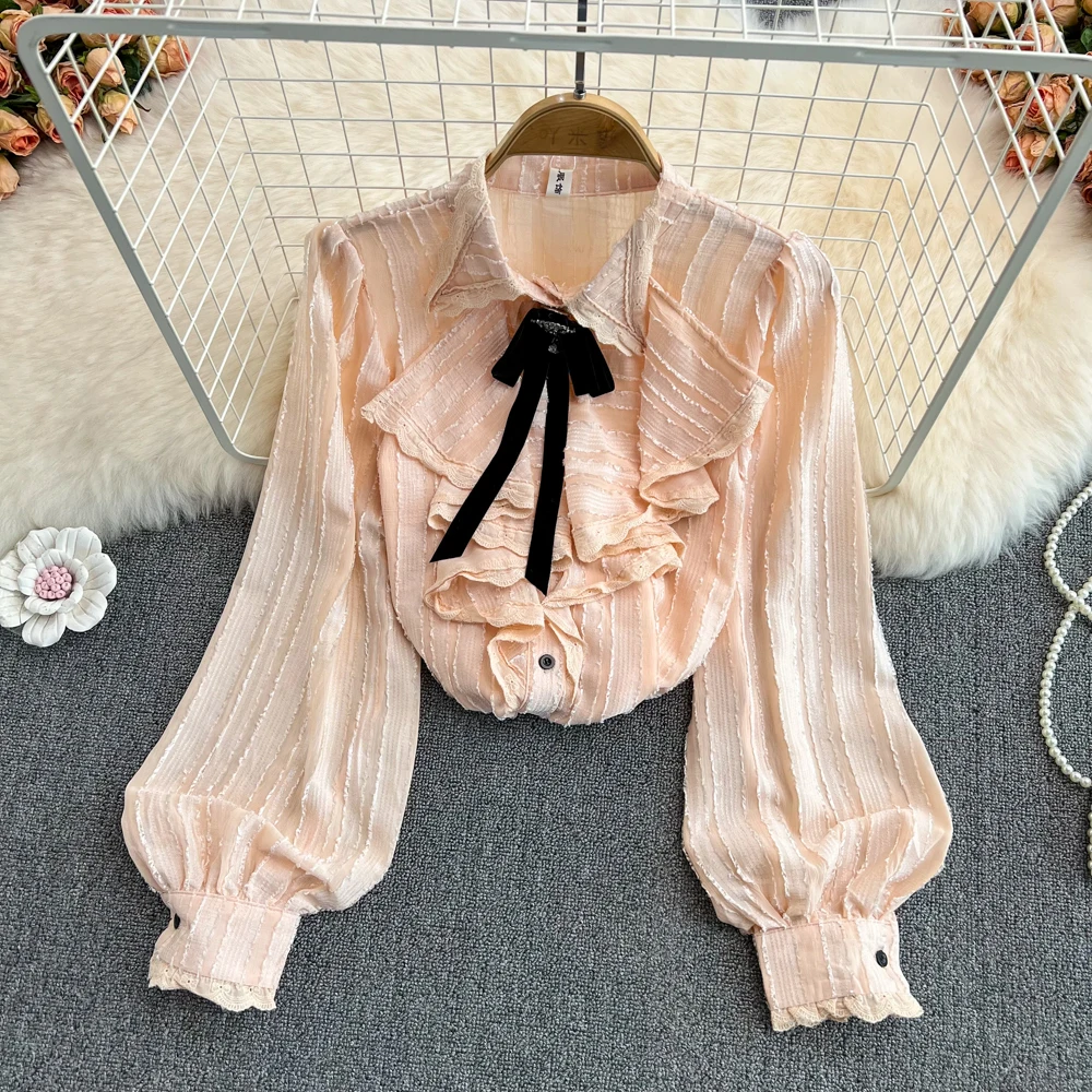 

Women 2022 new spring and autumn new sweet temperament bow knot lotus leaf loose western chic puff sleeves shirt female D0583