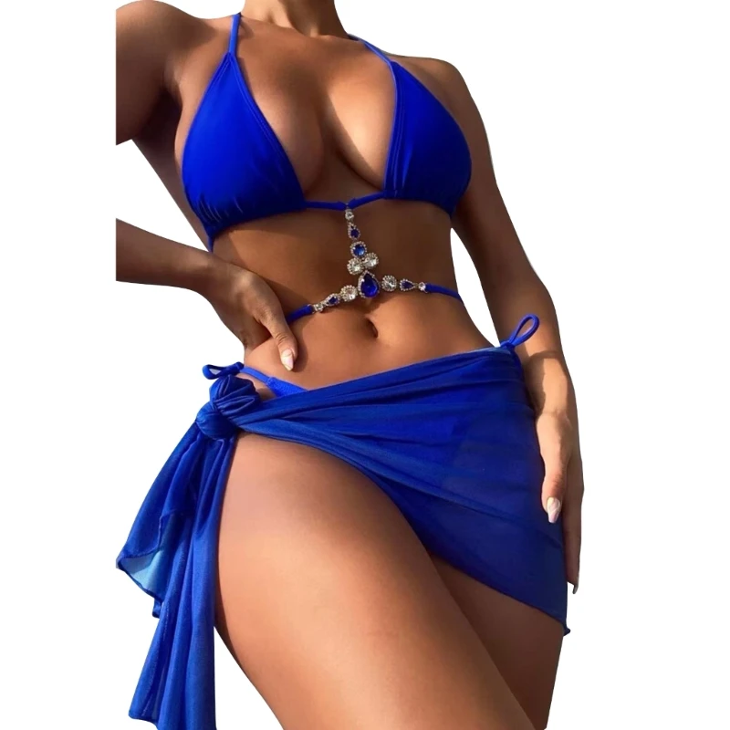 

Женский купальный костюм A5KC с пляжной юбкой, купальник из 3 предметов со стразами, комплект бикини с лямкой на шее