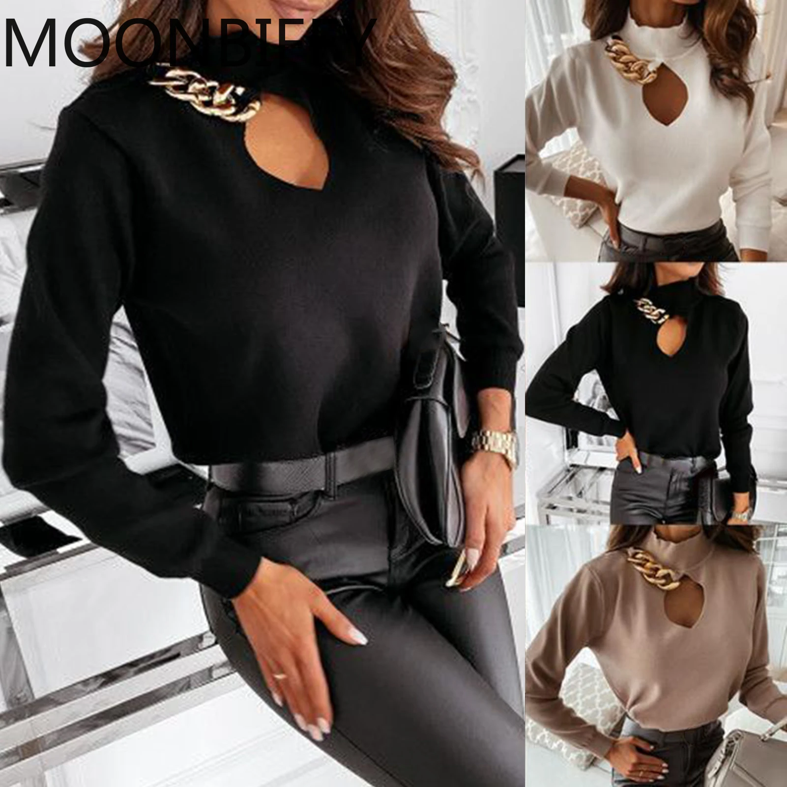 

2022 Sexy Blouses Hollow Out Metal Chain Shirts Long Sleeve Top Women Turtleneck Autumn Knitwear Sweater Female Elegant Blouses