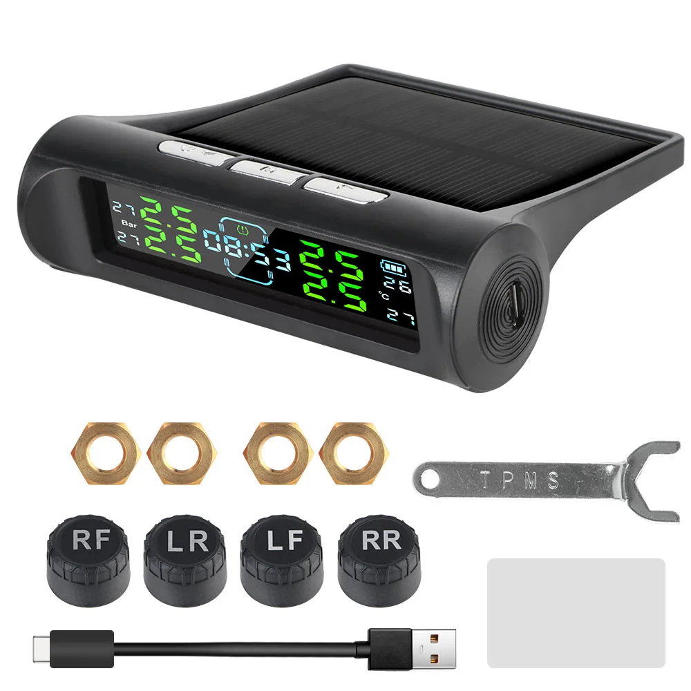 

Система Контроля Давления В Автомобильных Шинах (TPMS) С Цифровым ЖК-дисплеем И Часами, Питанием От USB/солнечной Батареи