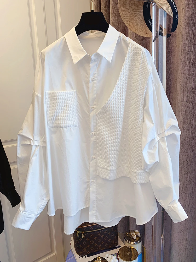 

SuperAen Fake Two Pieces Waffle Patchwork Shirts Women's Spring and Autumn Korean Style Chic Shirt Top