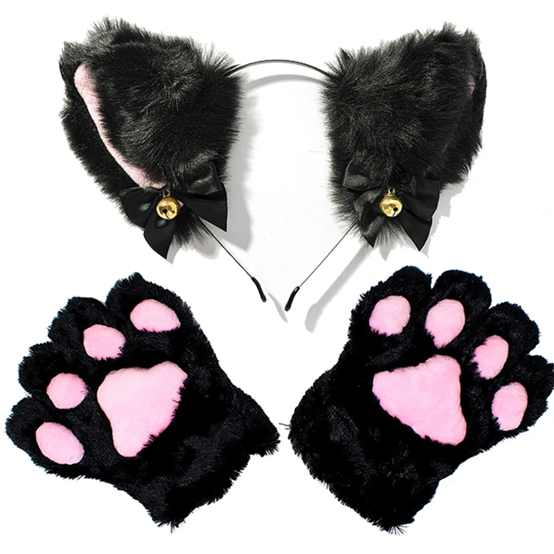 Gants de femme de ménage à oreilles de chat  ensemble de Costume  peluche  cloche  bandeau  nœud