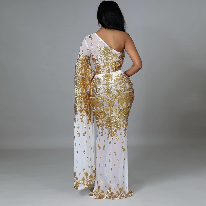 Sparkly Sequin Evening Sexy Dresses Women Long Sleeve One Shoulder Sheer Mesh Maxi Bodycon Dress Wedding Night Club Party Dress