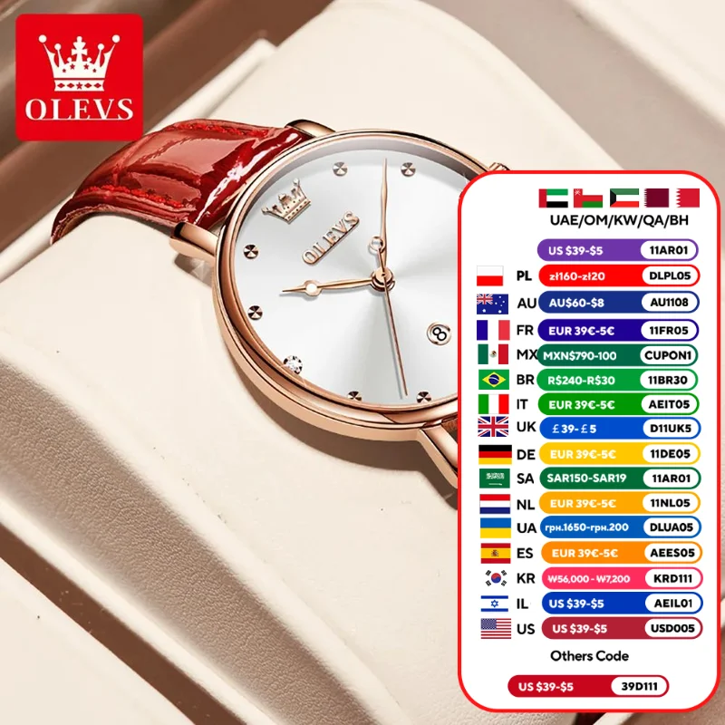 OLEVS женские часы кварцевые для женщин красные кожаные наручные