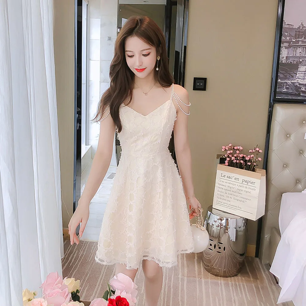 

2022 Summer Gentle Pearl Sling Fairy Dress Cute V-neck Gauze Mini Short Dresses Sexy Sweet Party Club Wear Ladies Casual Dress
