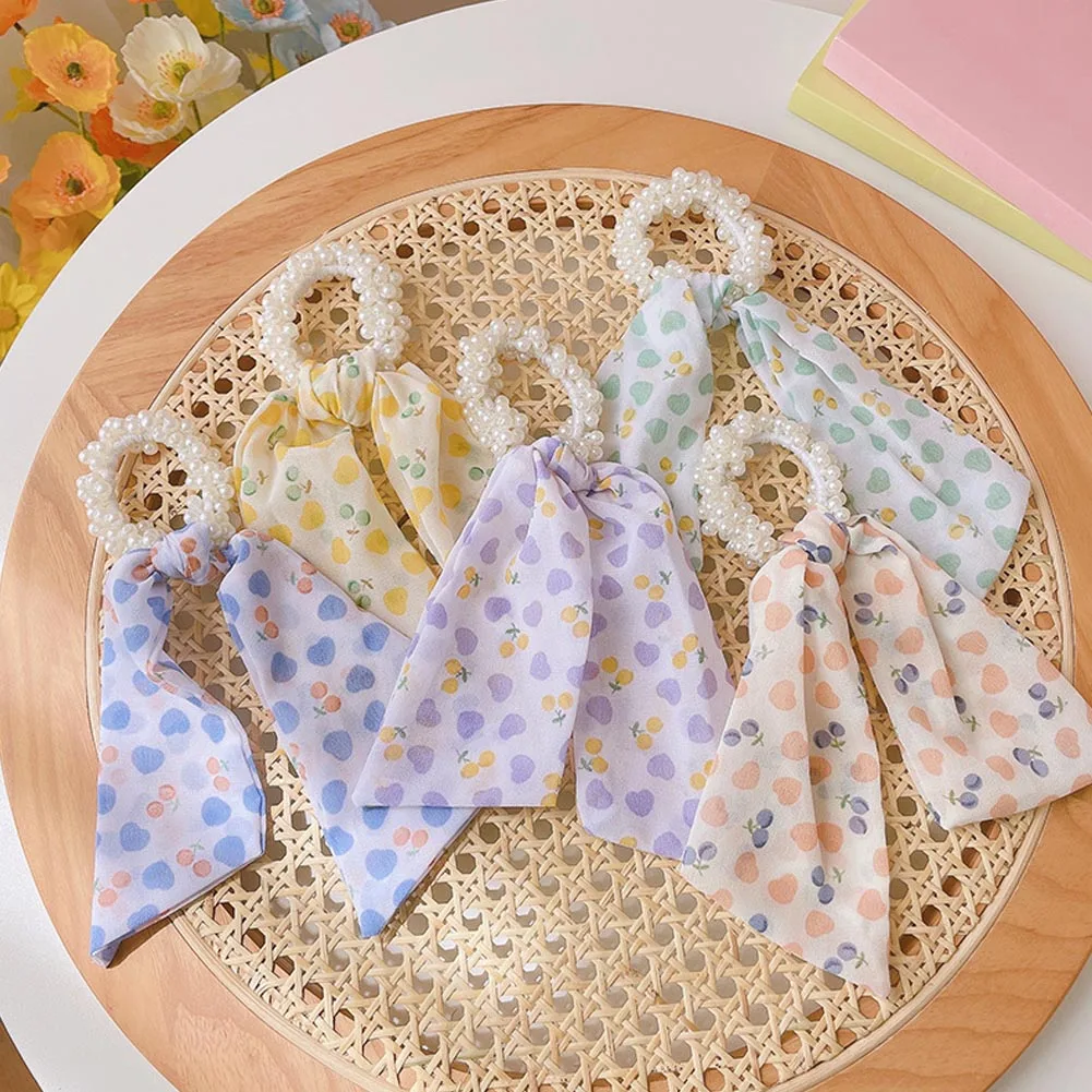 

Резинка для волос с бантом и жемчугом женская, длинная эластичная заколка с цветочным принтом для хвоста, аксессуар для волос