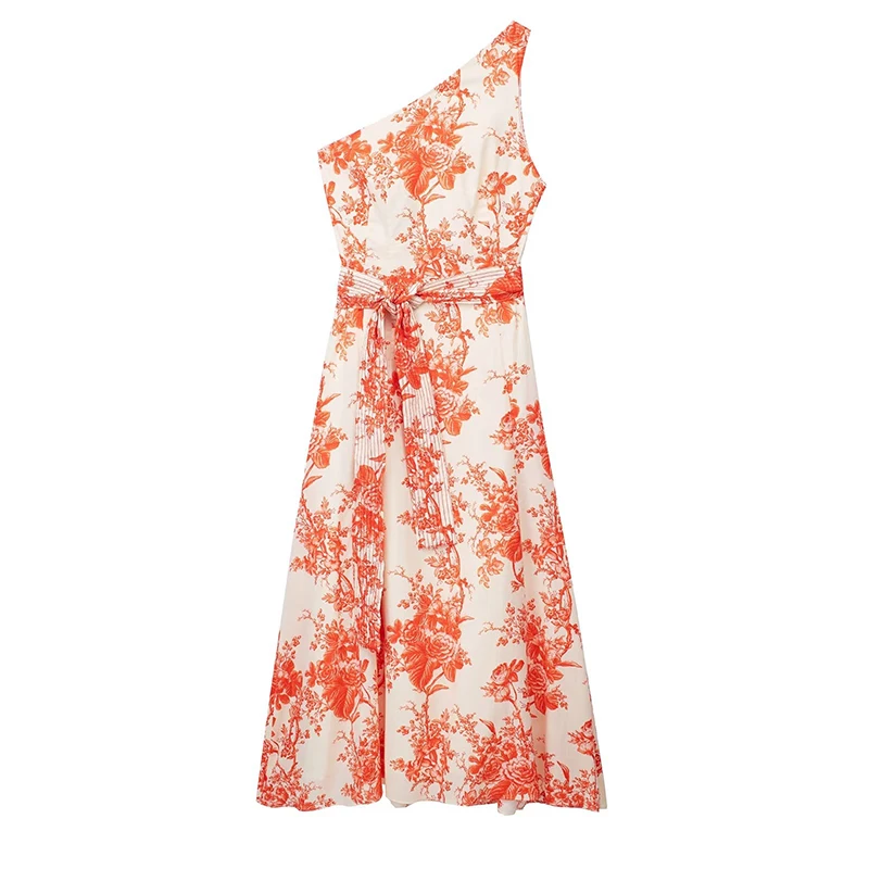 

Женское асимметричное платье с поясом и цветочным принтом