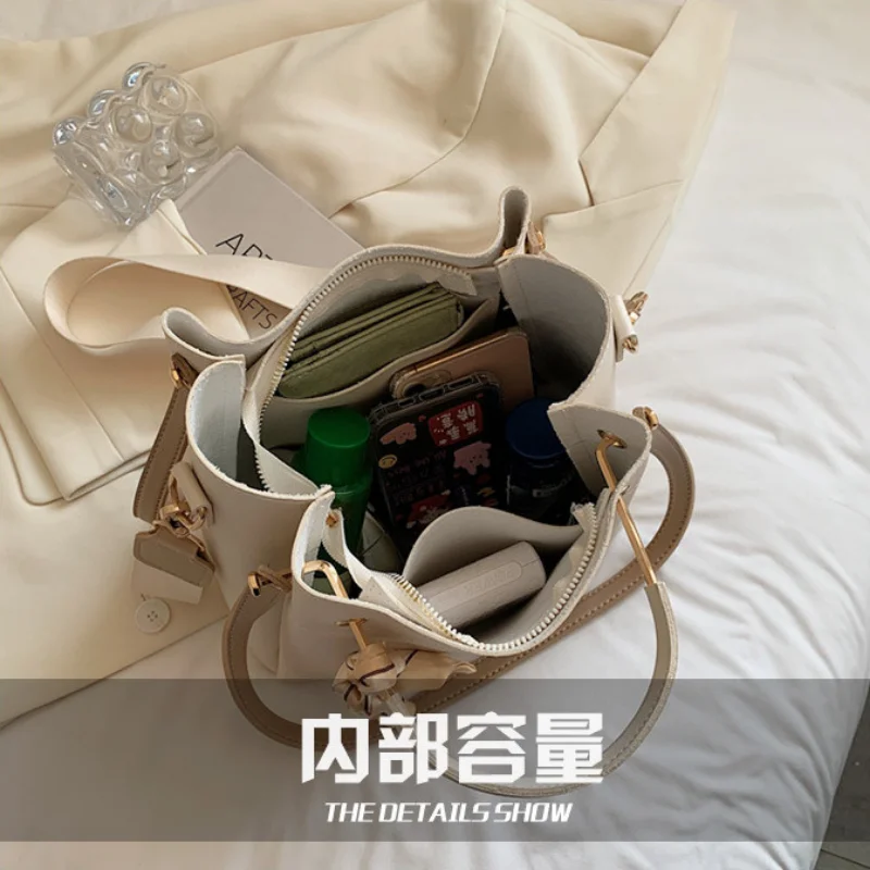 Women's PU Simple Large Capacity Wide Shoulder Bucket Bag Fashion Portable Solid Color Crossbody Silk Scarf Tote Bags for Women