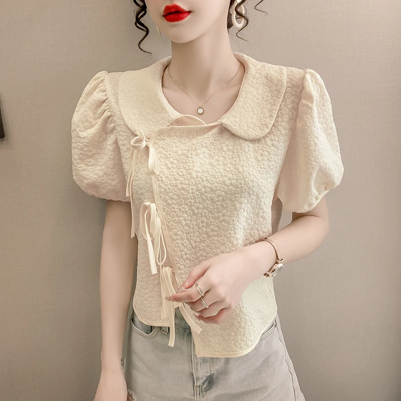 

women blouse real photo 2022 summer new shirt women's design unique bow short-sleeved shirt chic short puff sleeve tops