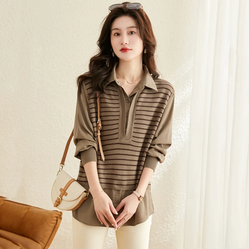 Весна 2023 Вязаный топ из двух частей Женская полосатая блузка в западном стиле с