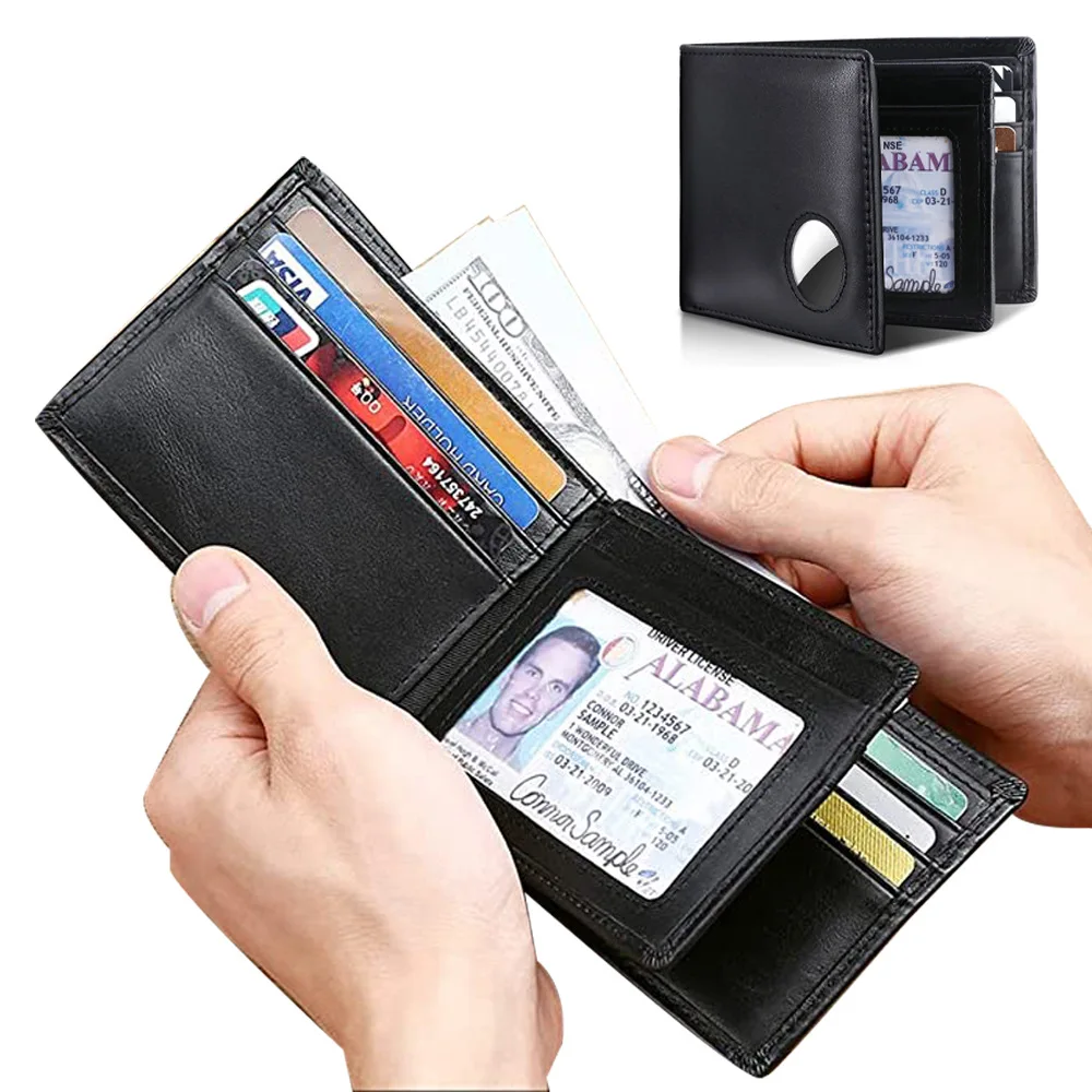 2023 New Genuine Leather Wallet for Men with AirTag Holder Bifold RFID Blocking Men's Wallet ID Window Card Holder Cowhide Purse