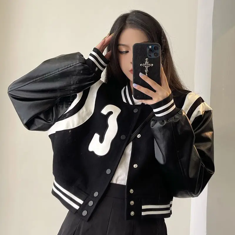 HOUZHOU Black Baseball Jacket Women Autumn College Leather Patchwork Gothic Long Sleeve Loose Cropped Jacket Korean Streetwear