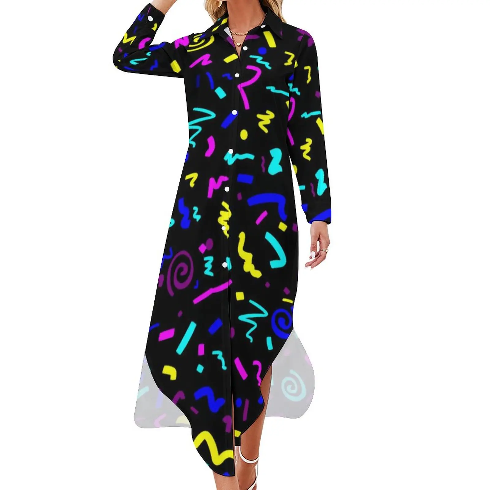 

Vintage 80S Inspired Chiffon Dress Colorful Geometric Print Elegant Dresses Long Sleeve Street Wear V Neck Big Size Casual Dress