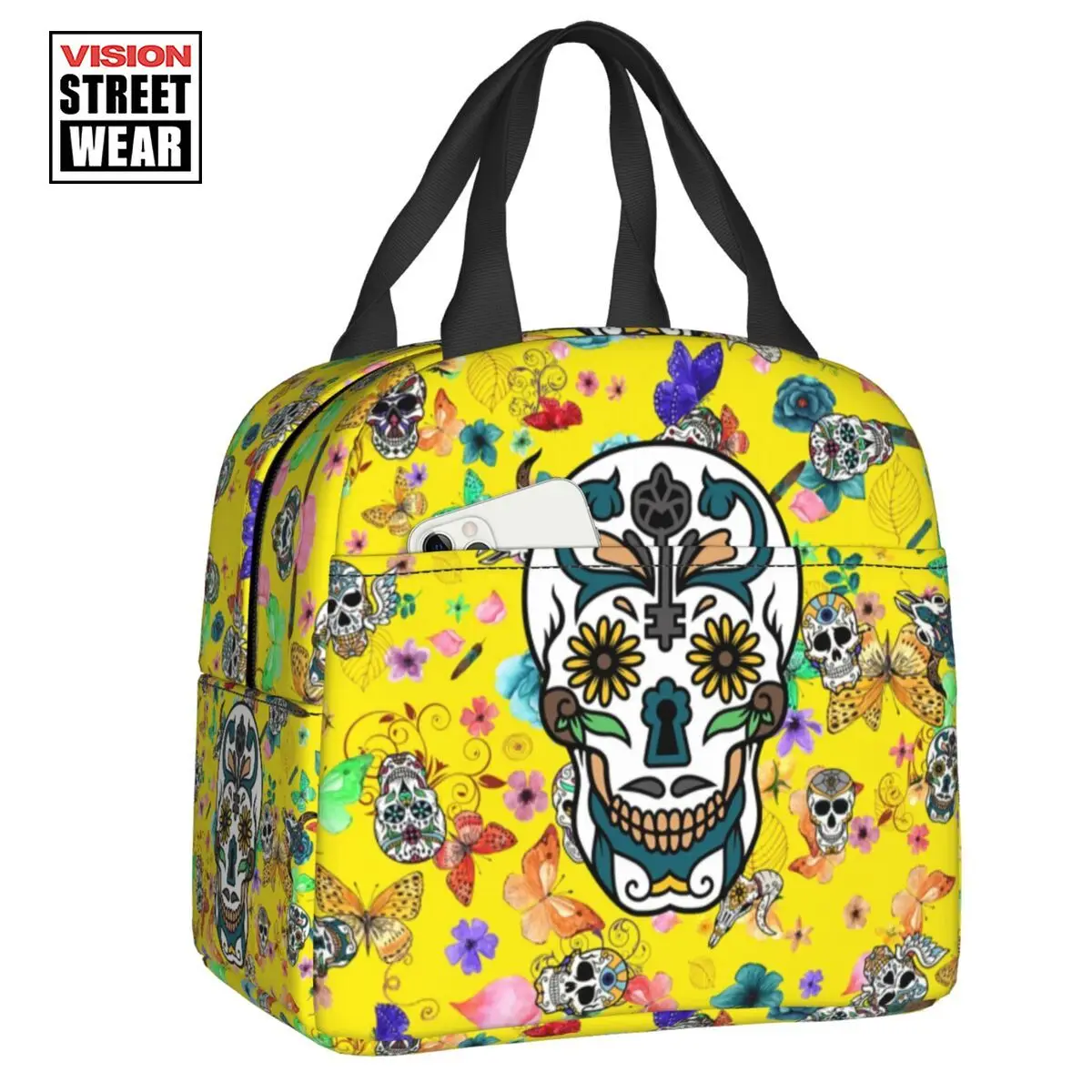 

Sugar Skulls Day Of The Dead Lunch Box For Women Colorful Skeleton Gothic Cooler Thermal Food Insulated Lunch Bag Office Work