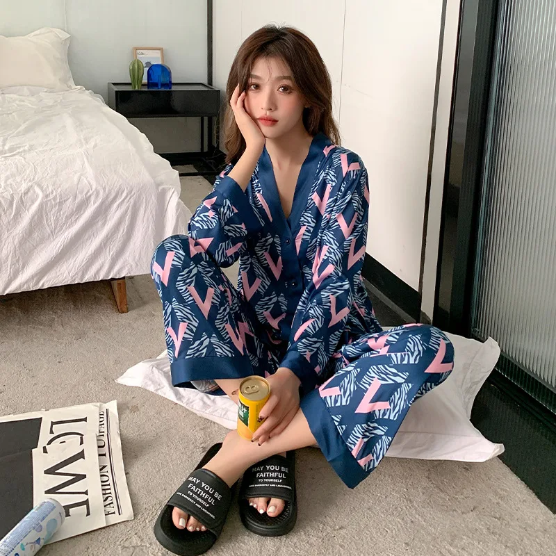 Women Pajamas Two Piece Set 2022 Spring New Ice Silk Long Sleeve Cardigan Suit Sexy Homewear Womaen Loungewear Sleepwear Sets