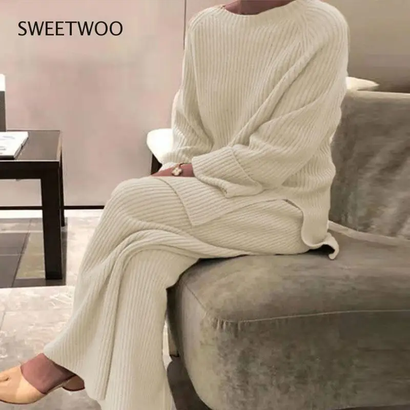 Women Homewear Pajama Suit  Women Elegant Solid Home Suit Winter Casual Soft Two Piece Set Lady O-Neck Pullover Tops + Wide Legs