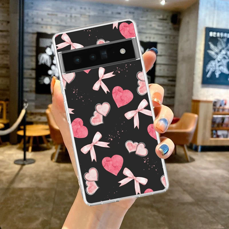 Фото Phone Case For Google Pixel 9 8 7 6 9A 8A 7A 6A 5 4 5A 4A 3A Pro XL Soft Clear TPU Transparent Cover Cute Pink Heart Bow №2