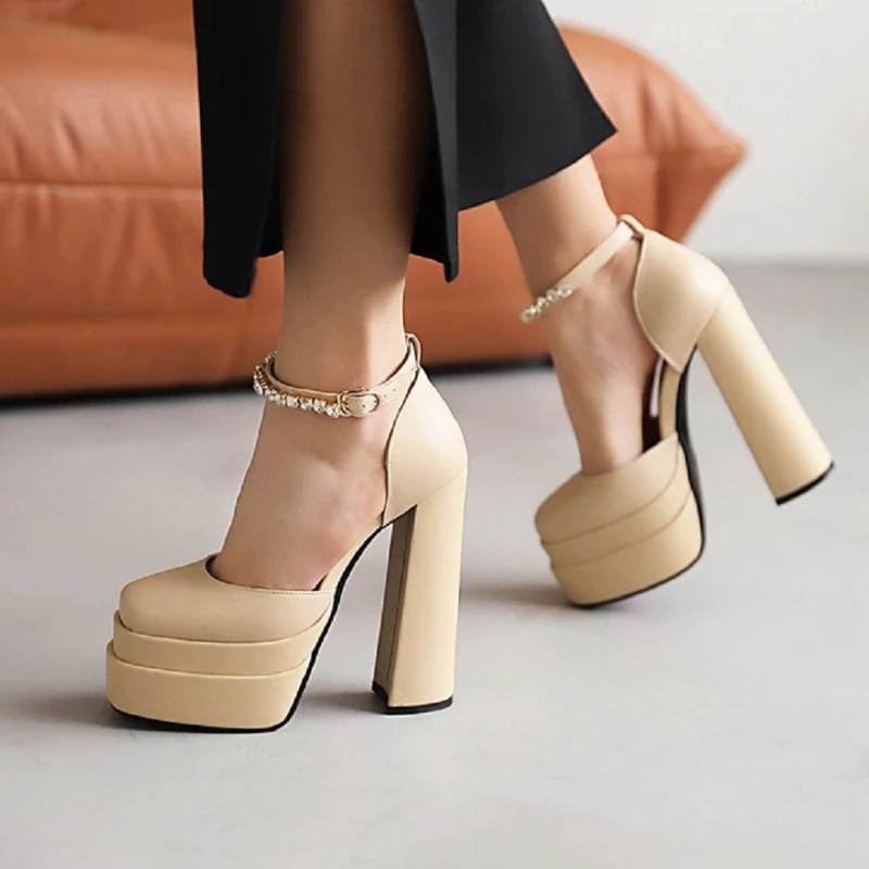 

2022New Brand Women Shoes Sexy Thick Heel High Heels Platform Solid Color Party Shoe Rhinestone Buckle Wedding Shoes Woman Pumps