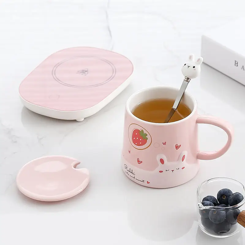 Кружка с постоянной температурой крышкой ложкой керамическая чашка подставкой