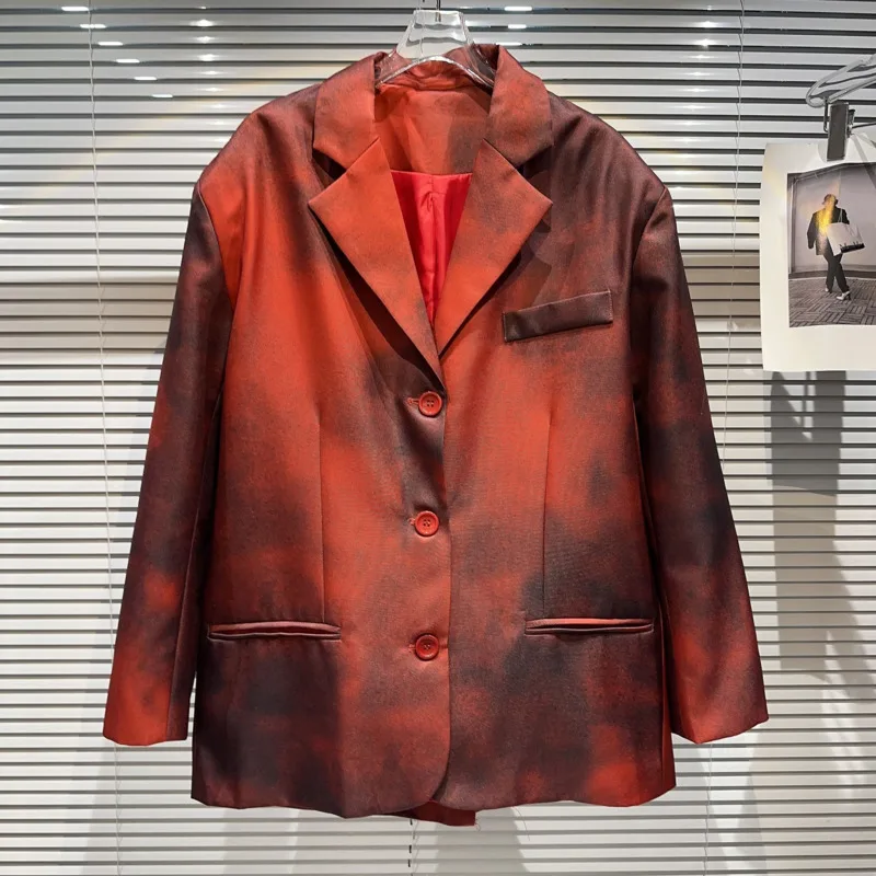 

BORVEMAYS Women Contrasting Colors Blazer Women Loose Temperament Tailored Collar Single-breasted Tie Dye Coat Autumn WZ5041