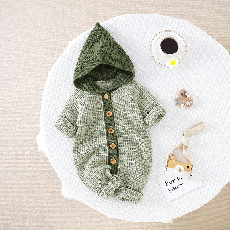 

Baby Rompers Knitted Infan Boys Girls Hooded Jumpsuits Long Sleeve Autumn Winter Newborn Kids Overalls Playsuits One Piece 0-18m