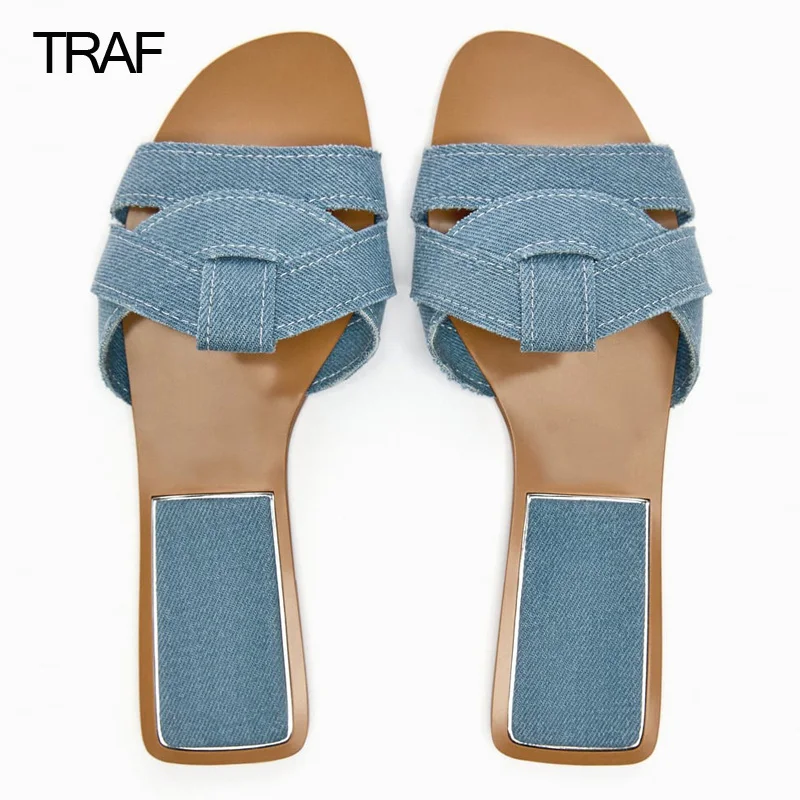 

TRAF Summer 2023 Blue Denim Slippers For Women Flats Sandals Rounded Toe Ladies Casual Slides Female Beach Slipper Flat Shoes