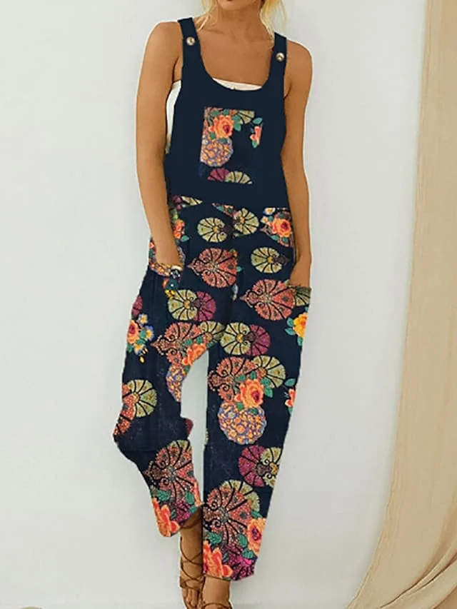 

Women's Jumpsuit Print Print U Neck Casual Casual Daily Regular Fit Sleeveless Navy Blue S M L Summer