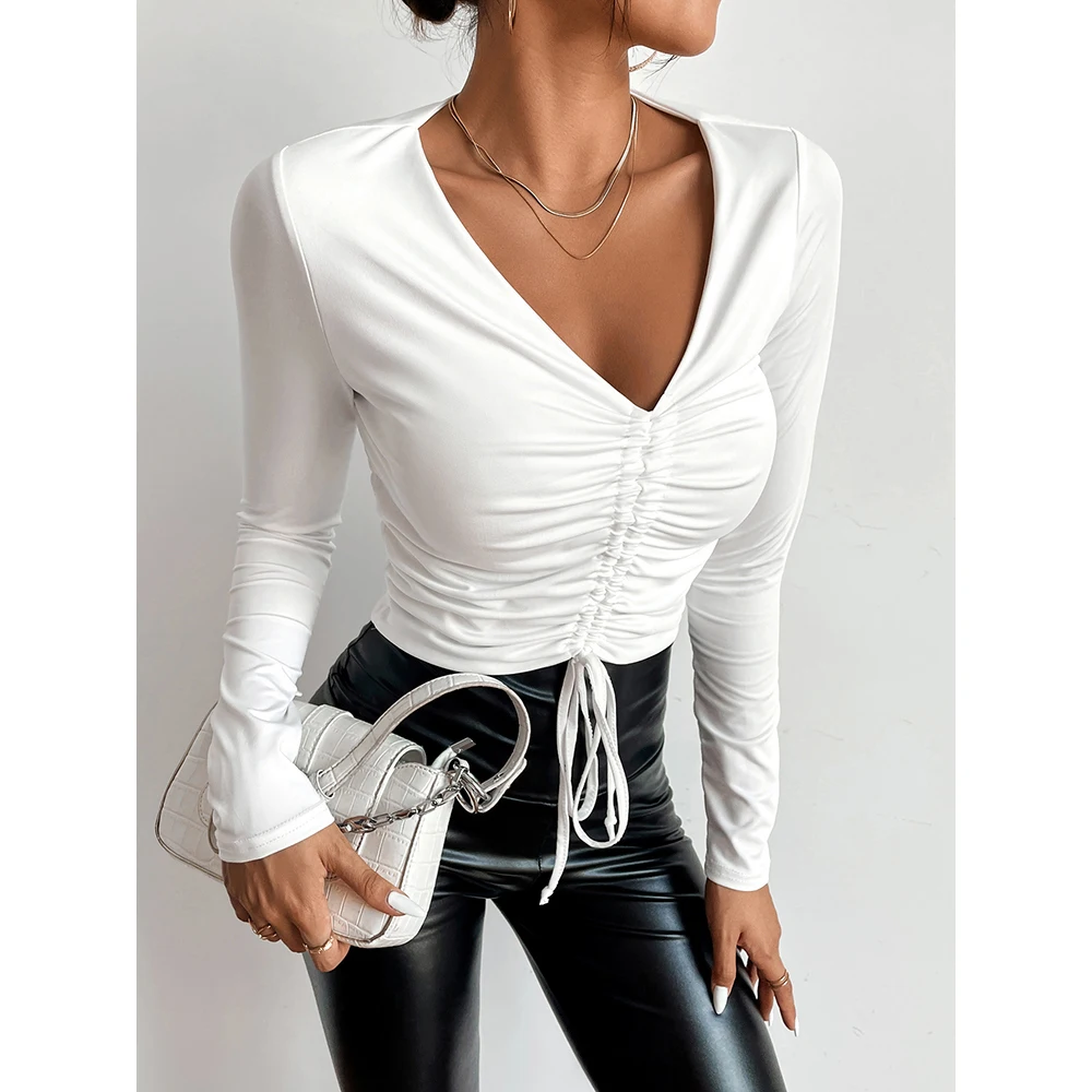 

Женская трикотажная футболка на завязках, Повседневная футболка из высококачественной трикотажной ткани с длинным рукавом и V-образным вырезом на осень