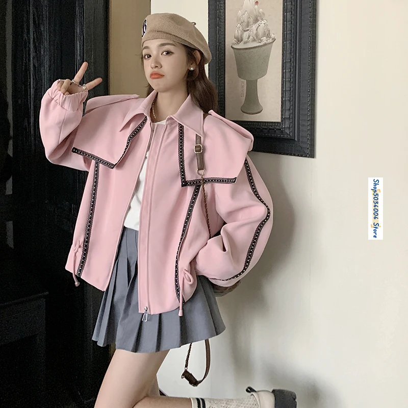 Женская модная свободная розовая куртка с воротником-лодочкой и лентами