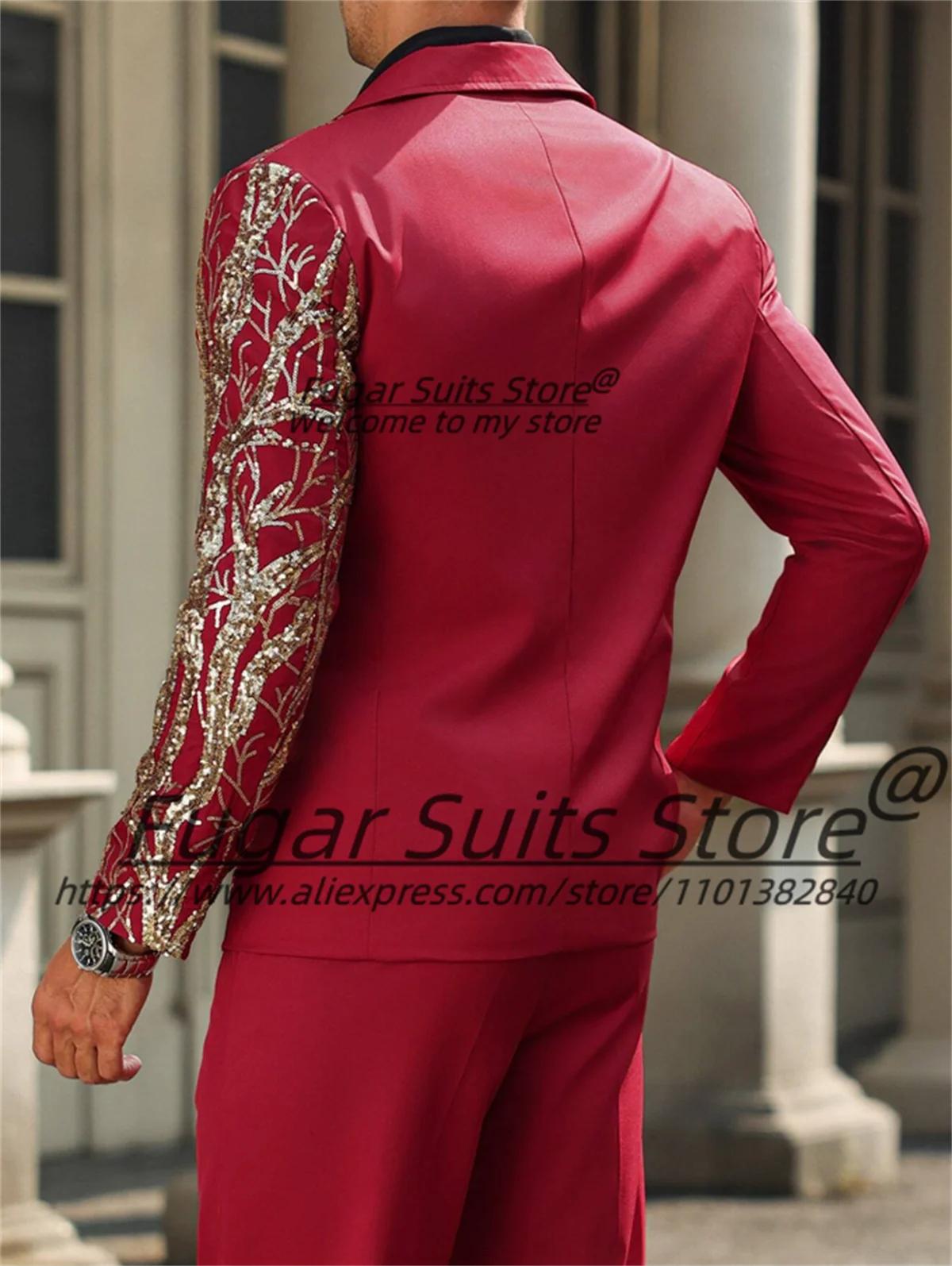 Luxuly Red Embroidered sequins Wedding Suits For Men Slim Fit Groom Tuxedos 2Pieces Sets High-qublity Male Blazers Costume Homme
