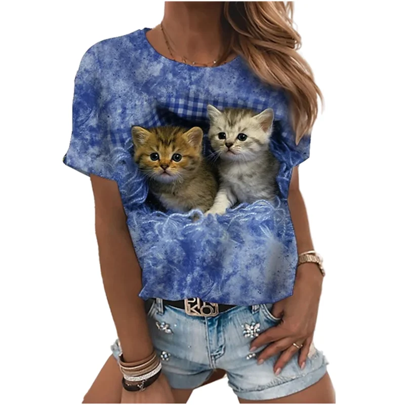 

Summer Forest Cute Cat Print Funny Elegant Ladies T-Shirt Retro Oversized Everyday Style Ladies Short Sleeves Women's Tops