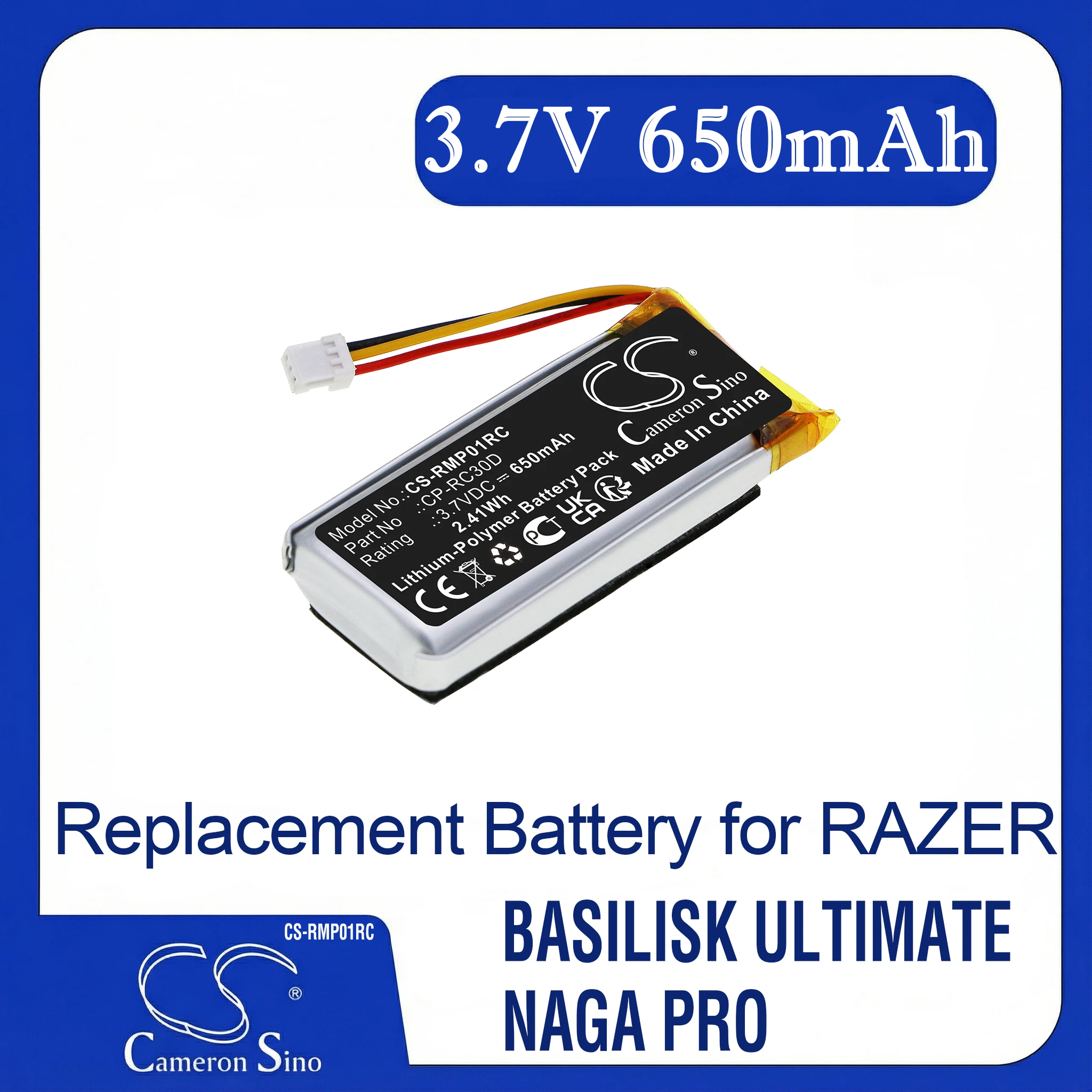 Фото Сменная батарея CS для Razer Basilisk Ultimate, NAGA PRO, RC30-031701, RZ01-03420, RZ01-034200100, PN:CP-RC30D, 650 мАч / 2,41 Вт·ч №1