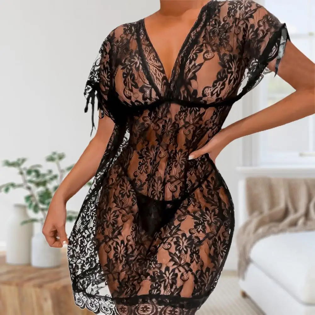 

Women Nightdress Lace Up Above Knee Short Sleeve Black Perspective Lace Sexy Nightgown Lady Chemise for Valentine's Day