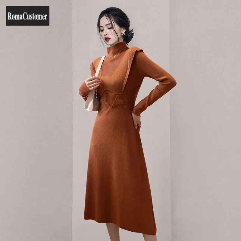 

New Korean Version Temperament Half High Collar Slim Long A-Line knitting Dress Retro Clothes Trend Top Fashion Wild Lady Dress