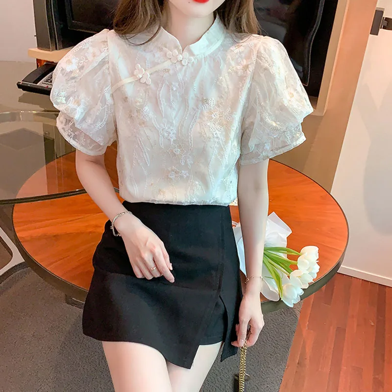 Женская шифоновая блузка с коротким рукавом воротником-стойкой